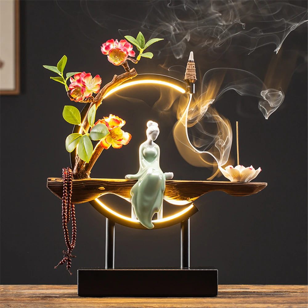 Ceramic Maid Wood Backflow Incense Burner
