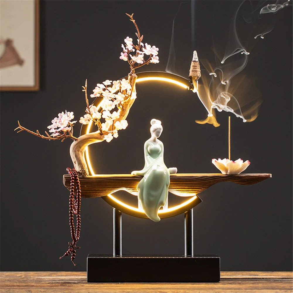 Ceramic Maid Wood Backflow Incense Burner